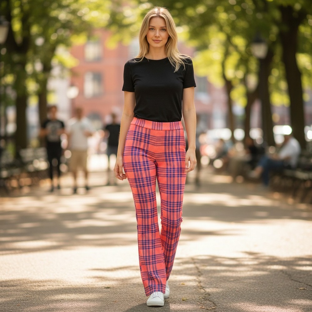 Retro Hippie Plaid Kick Leg Pants Cynthia Rowley Pink Blue High Waist Size 2 NEW